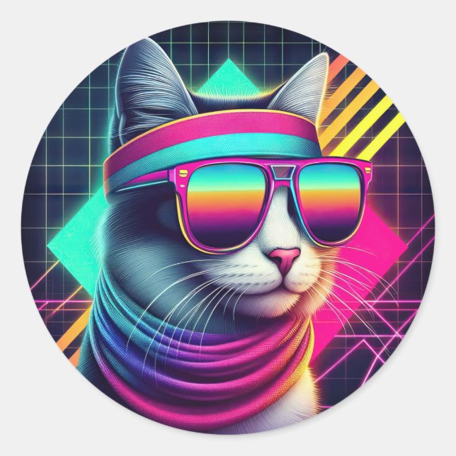 Retro Cool Cat Classic Round Sticker (Front)