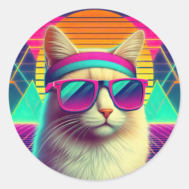 Retro Cool Cat Classic Round Sticker (Front)