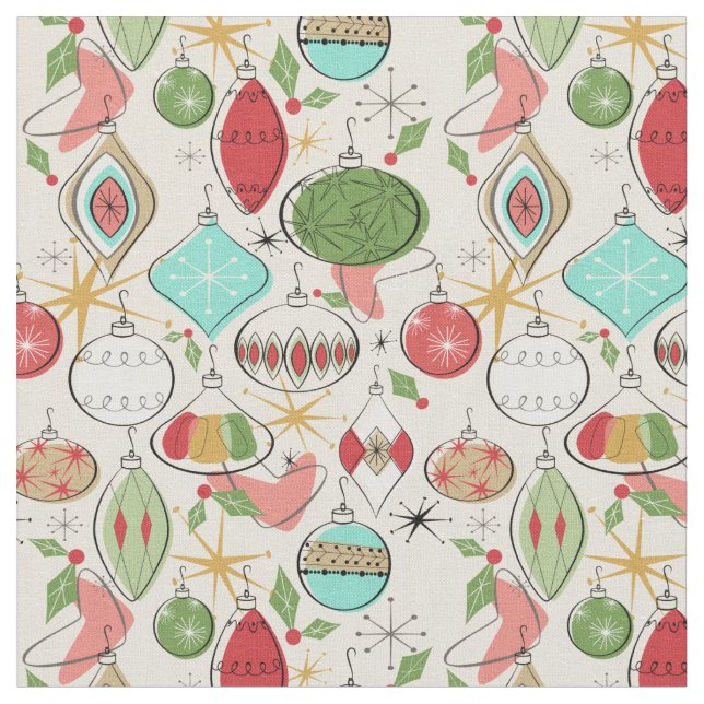 Retro cool Christmas Ornaments Fabric (Close Up)