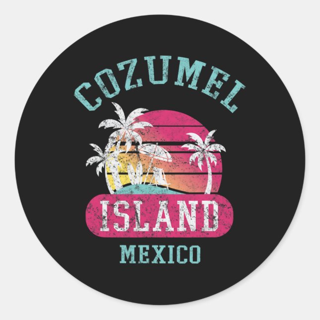 Retro Cool Cozumel Mexico Beaches Distressed Graph Classic Round Sticker (Front)