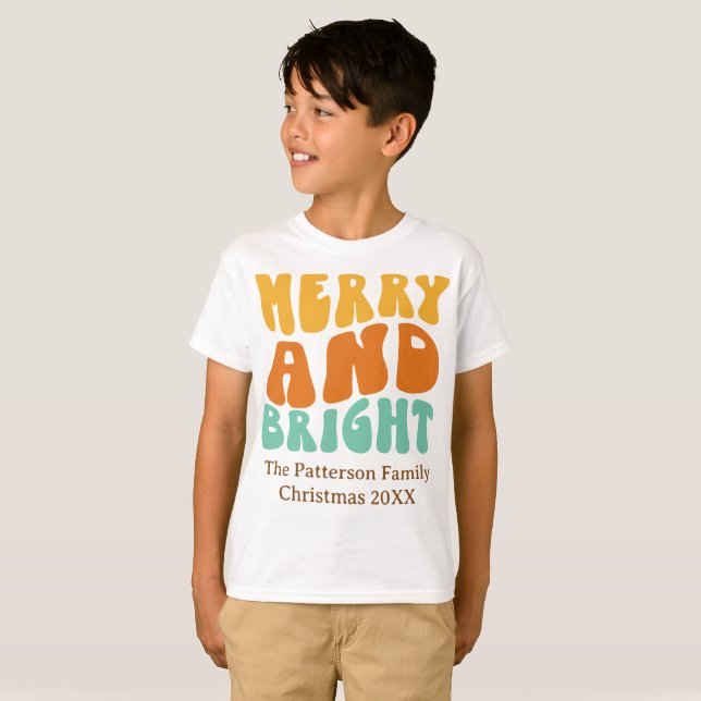 Retro Cool Merry and Bright Boy's Christmas  T-Shirt (Front Full)
