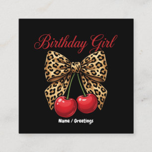 Retro Coquette Birthday Girl Leopard Bow Cherries Square Business Card