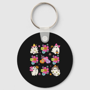 Retro Coquette Boo Ghost Bow Pumpkin Flowers Hallo Keychain