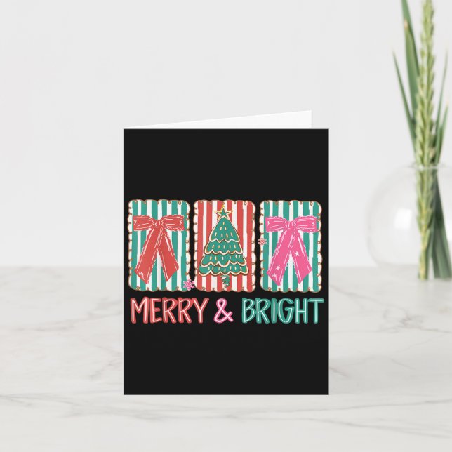 Retro Coquette Bow Merry And Bright Christmas Tree Card (Front)