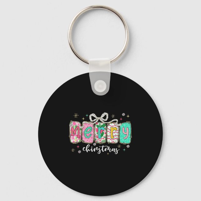 Retro Coquette Bow Merry Christmas Holiday Funny F Keychain (Front)