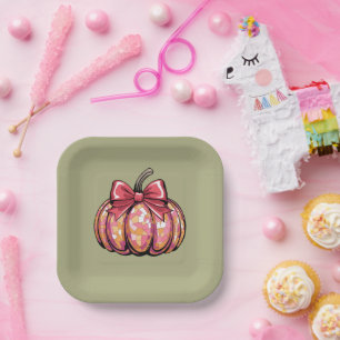 Retro Coquette Bow Pumpkin Fall Vibes Season Paper Plate