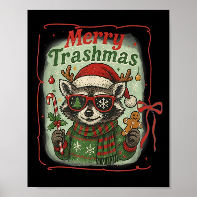 Retro Coquette Merry Trashmas Raccoon Christmas Cu Poster (Front)
