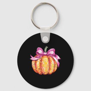 Retro Coquette Pumpkin Pink Bow Fall Thanksgiving Keychain