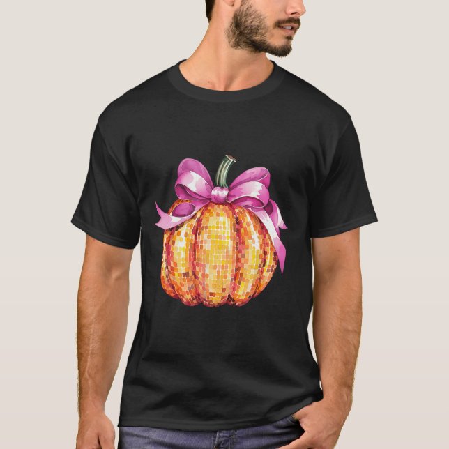 Retro Coquette Pumpkin Pink Bow Fall Thanksgiving  T-Shirt (Front)