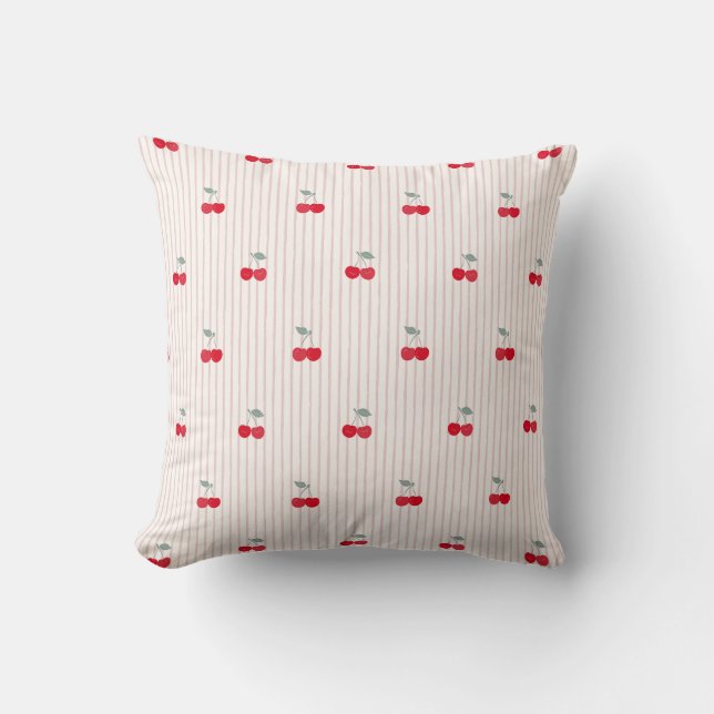 Retro Coquette Red Cherries & Pinstripe Sweetheart Throw Pillow (Front)