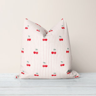 Retro Coquette Red Cherries & Pinstripe Sweetheart Throw Pillow