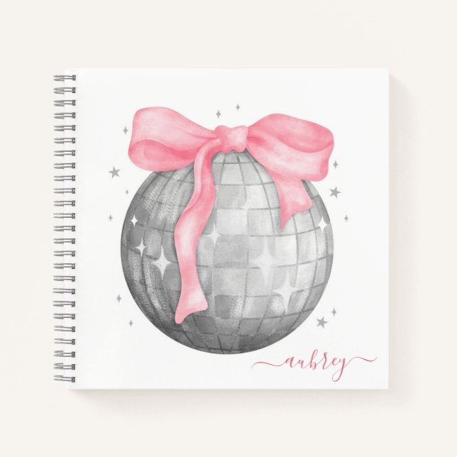 Retro Coquette Silver Disco ball Pink Ribbon Notebook (Front)