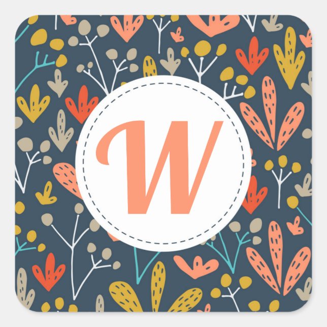 Retro Coral Floral Monogram Envelope Seals (Front)