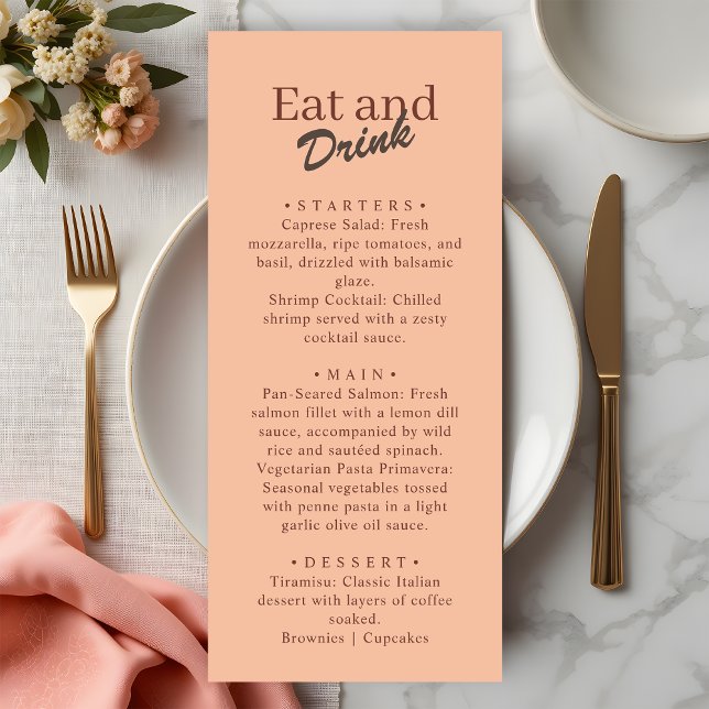 Retro Coral Peach Eat and Drink Wedding  Menu (Creator Uploaded)