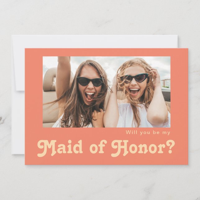 Retro Coral Photo Maid of Honour Proposal Card (Front)