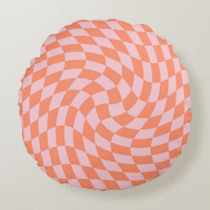 Retro Coral Pink Checks Warped Chequered Dorm Round Pillow