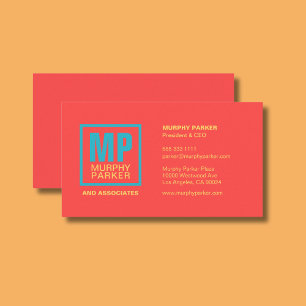 Retro Coral Red Teal Yellow Modern Monogram Logo Business Card