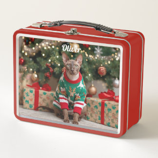 Retro Cornish Rex Cat Christmas Personalized Metal Lunch Box