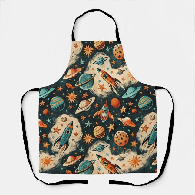 Retro Cosmic Rocket Comic Teal Gold Starburst Apron (Front)