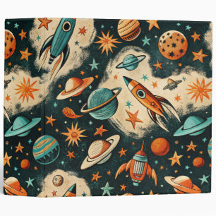 Retro Cosmic Rocket Comic Teal Gold Starburst Binder