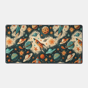 Retro Cosmic Rocket Comic Teal Gold Starburst Desk Mat