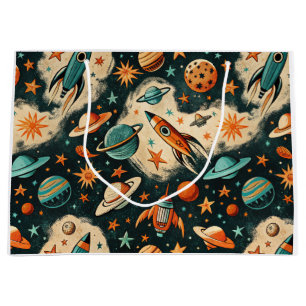 Retro Cosmic Rocket Comic Teal Gold Starburst Large Gift Bag