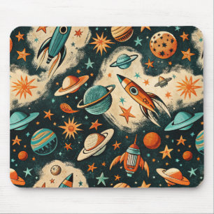 Retro Cosmic Rocket Comic Teal Gold Starburst Mouse Pad