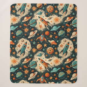 Retro Cosmic Rocket Comic Teal Gold Starburst Sherpa Blanket