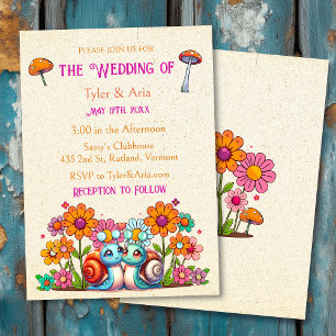 Retro Cottage Core Flowers and Snails Wedding Invitation