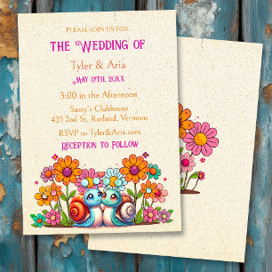 Retro Cottage Core Flowers and Snails Wedding Invitation