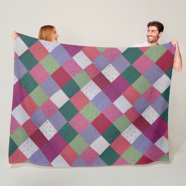 retro cottagecore hand knitted colourful patchwork fleece blanket (In Situ)