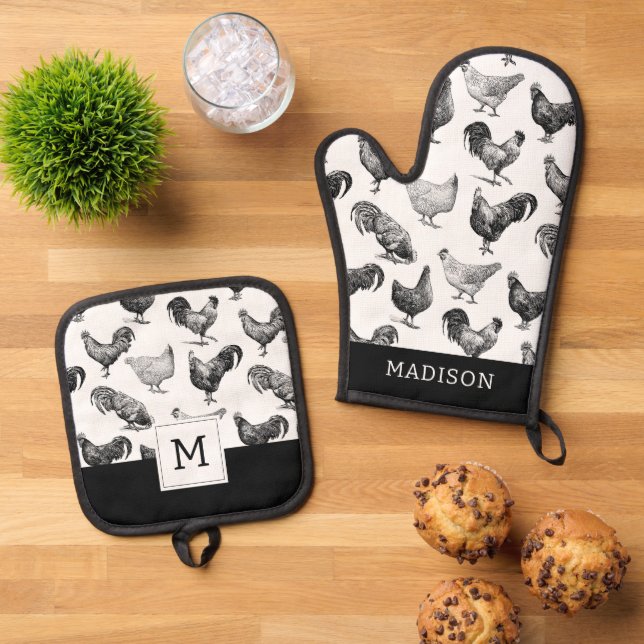 Retro Country Farm Chicken Pattern Oven Mitt & Pot Holder Set (Top Down)
