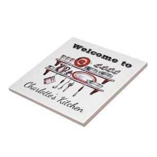 Retro Country Kitchen   Personalized Name Welcome Tile