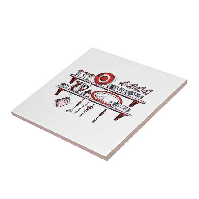 Retro Country Kitchen Shelf | Black White and Red Tile (Side)