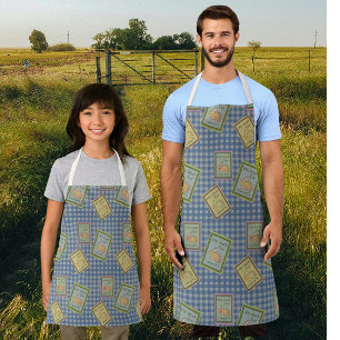 Retro Country Vintage Blue Check Bunny Carrots Apron