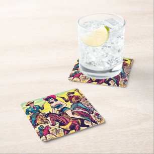 Retro Country Western Comics Square Paper Coaster