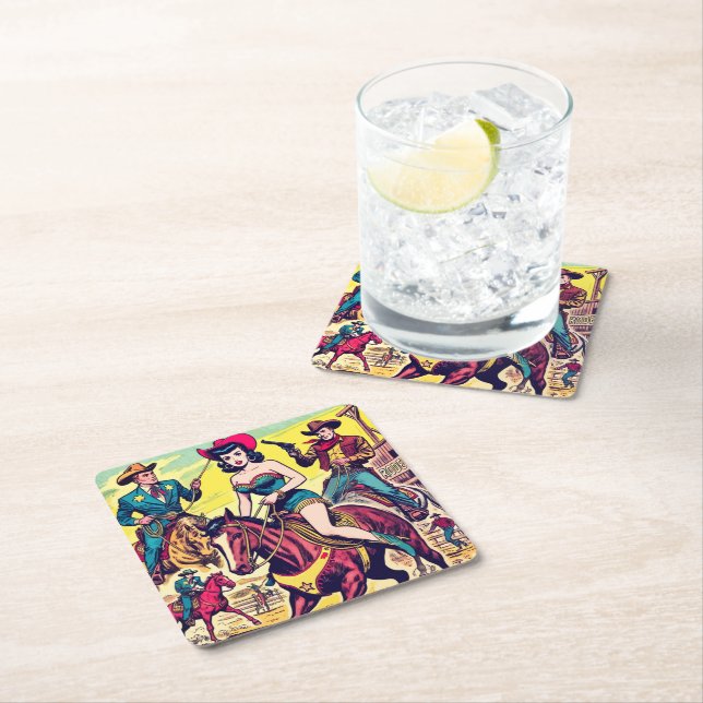 Retro Country Western Comics Square Paper Coaster (Insitu)