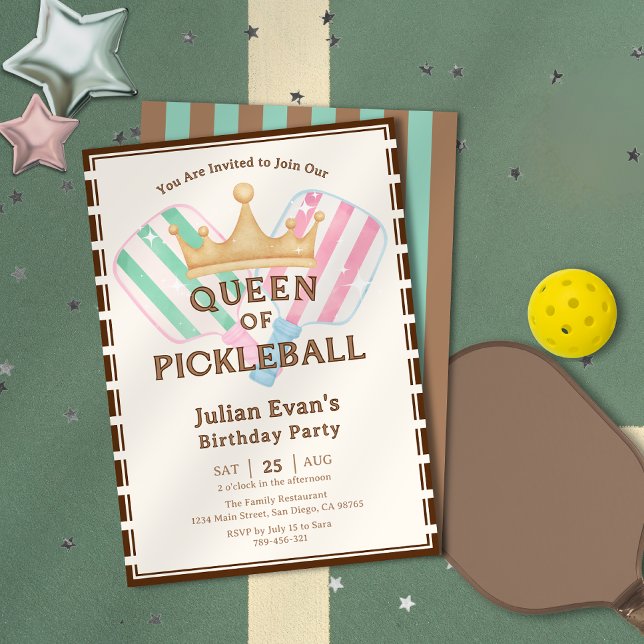 Retro County Club Queen of Pickleball Birthday Invitation (Chic Navy Blue Beer Label Brewery Theme Birthday Invitation)