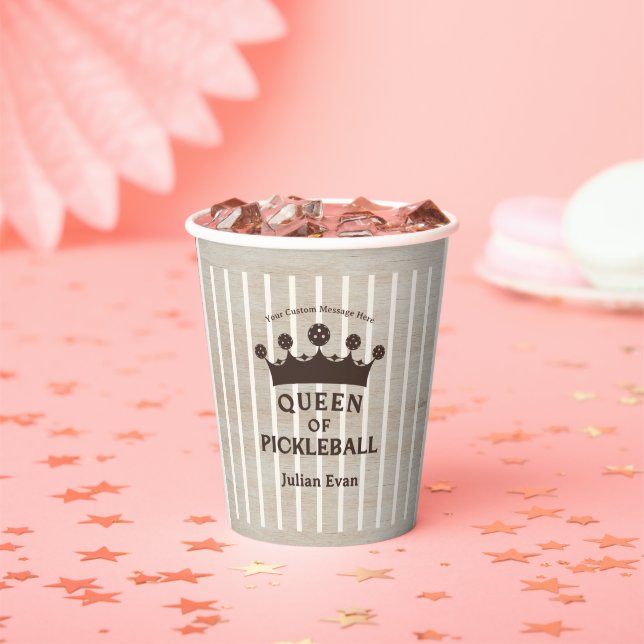 Retro County Club Wood Grain Stripe Queen of Paper Cups (Insitu)