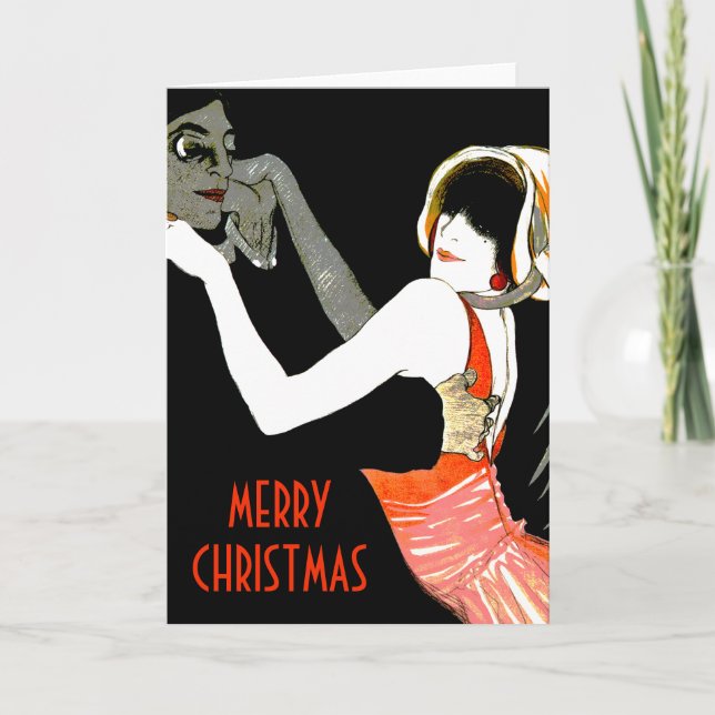Retro Couple Dancing Red Black Christmas Holiday Card (Front)