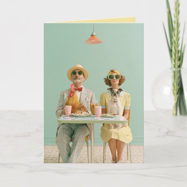 Retro Couple Dining with Chicken and Dog Card (Front)