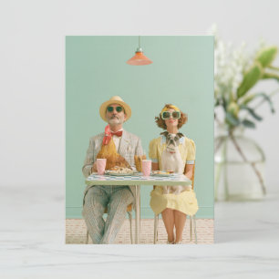 Retro Couple Dining with Chicken and Dog Card