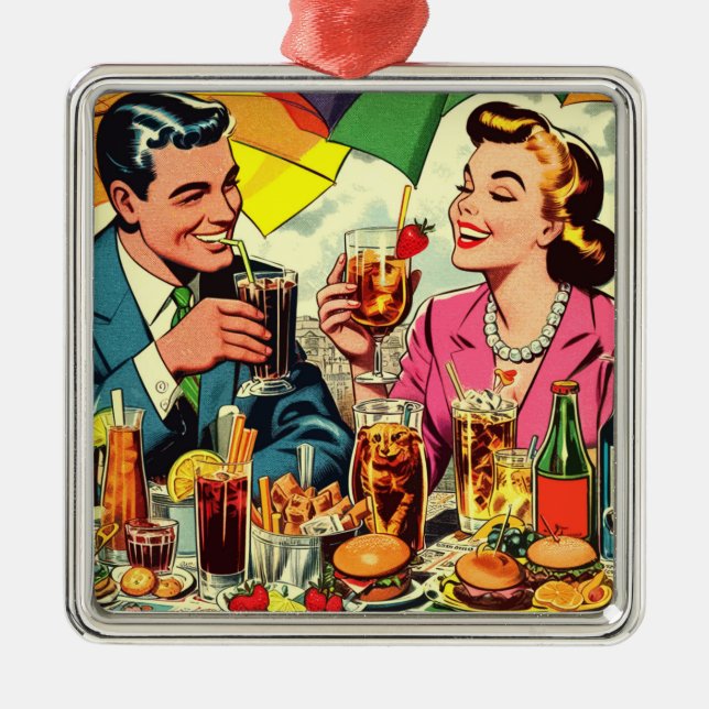 Retro Couple Drinks Comics Metal Ornament (Front)