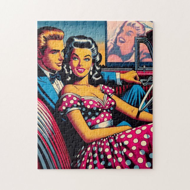 Retro Couple in Car at Drive In Movie Jigsaw Puzzle (Vertical)