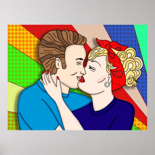 Retro Couple Kissing, 1950's Pop Art  Poster (Front)
