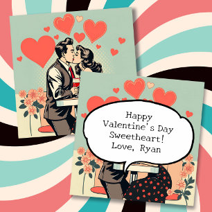 Retro Couple Kissing Pop Art Hearts Personalized Holiday Card