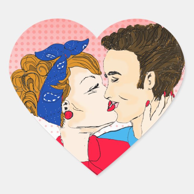 Retro Couple Kissing Romantic Flirty Heart Sticker (Front)