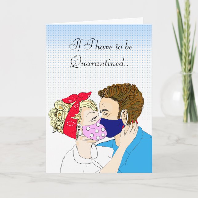 Retro Couple Kissing with Facemasks on Card (Front)