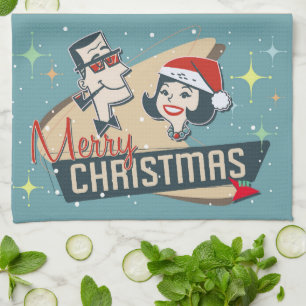 Retro Couple Merry Christmas Vintage Holiday Kitch Kitchen Towel