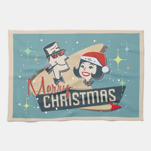Retro Couple Merry Christmas Vintage Holiday Kitchen Towel (Horizontal)